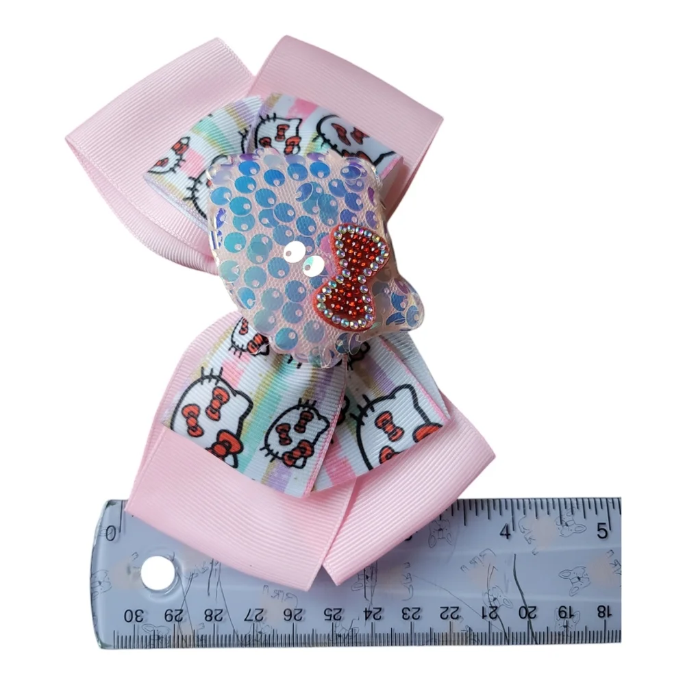 Cat Custom Handmade HK Sequins Ribbon and Rhinestone Pink Bow Hair Clip